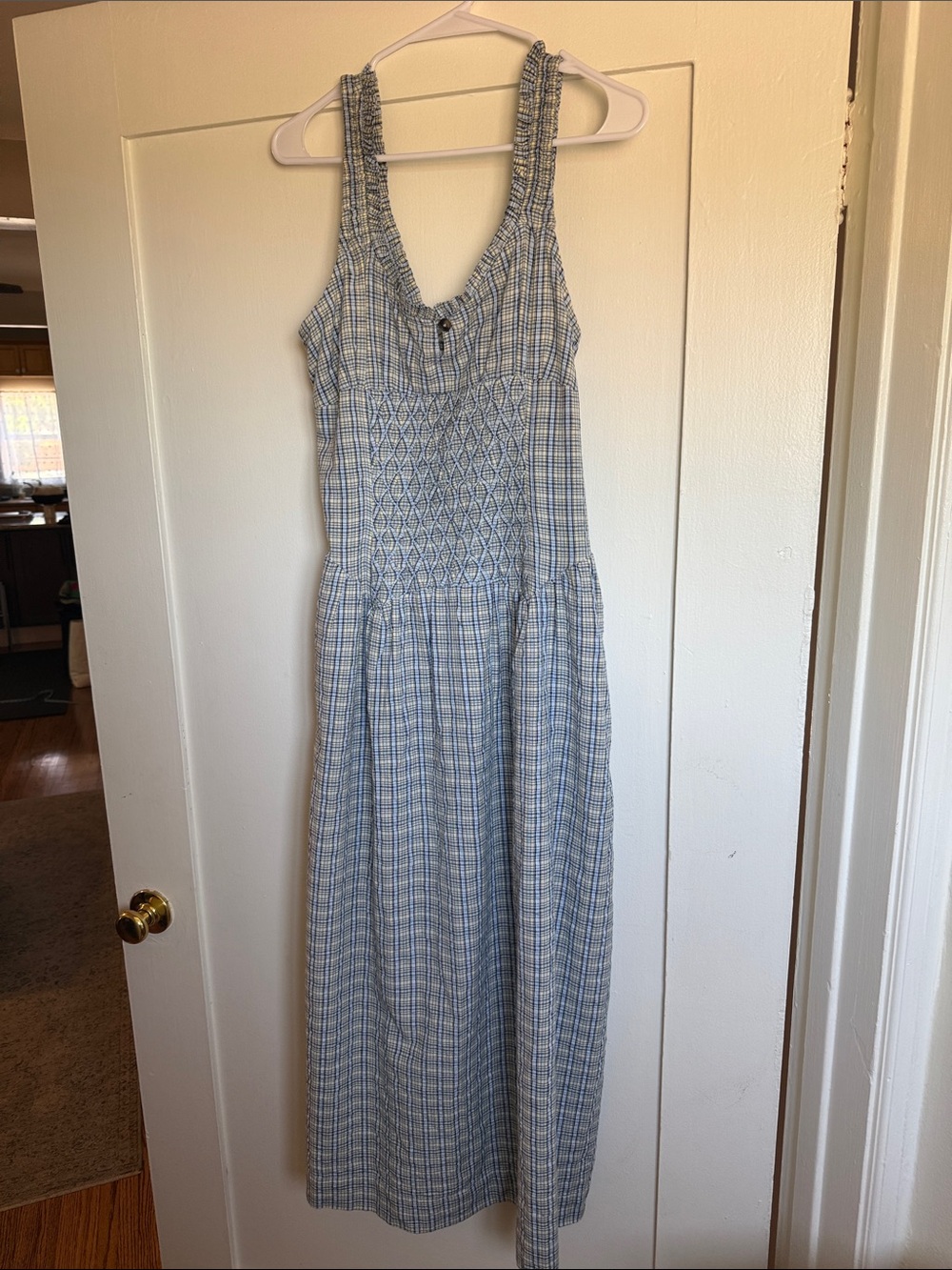 Blue Plaid Smocked Maxi Dress - Women